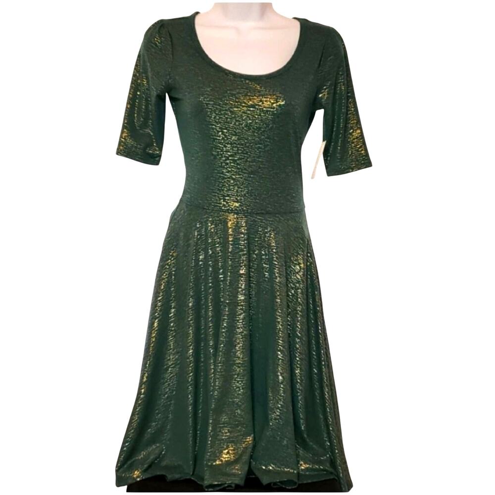 Lularoe Green and Gold Nicole Holiday Dress XS New With Tags